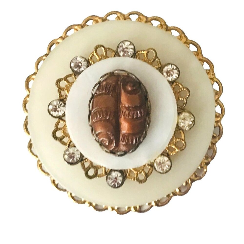 Vintage Stacked Round Mother of Pearl & Rhinestone Gold Filagree Framed Brooch